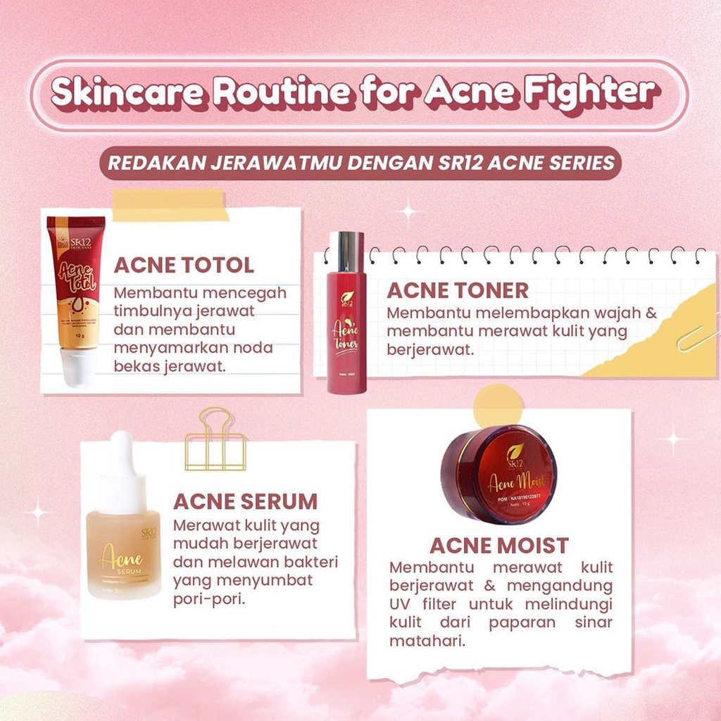 Skincare Wajah Berjerawat BPOM | Acne Series SR12 Skincare | Acne Moist | Acne Totol | Acne Serum | Acne Toner | Solusi Ampuh Atasi Jerawat | Menghilangkan Jerawat dan Bekas Jerawat | Krim Jerawat | Jerawat Bruntusan | Jerawat Batu | Jerawat Membandel