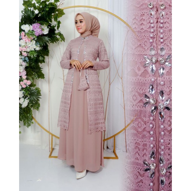 Permata Olshop / Kebaya Gamis Modern Cardigan Brukat NK / Gamis Pesta Mewah / Kebaya Gamis Kekinian / Gamis Brukat Kondangan / Brukat Payet Modern