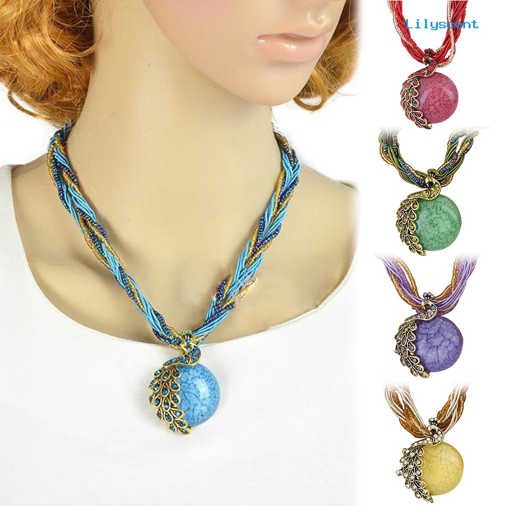 [LS] Bohemian Wanita Berlian Imitasi Hias Merak Bulat Faux Opal Pendant Kalung Hadiah