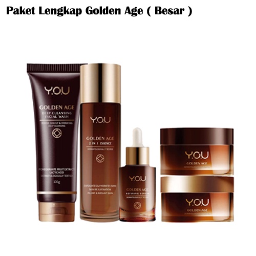 PAKET YOU Golden Age Lengkap Besar Illuminating Day Cream 30ml + Revitalizing Night Cream 30ml + Serum 20ml + Cleanser + 2 in 1 Essence Y.O.U