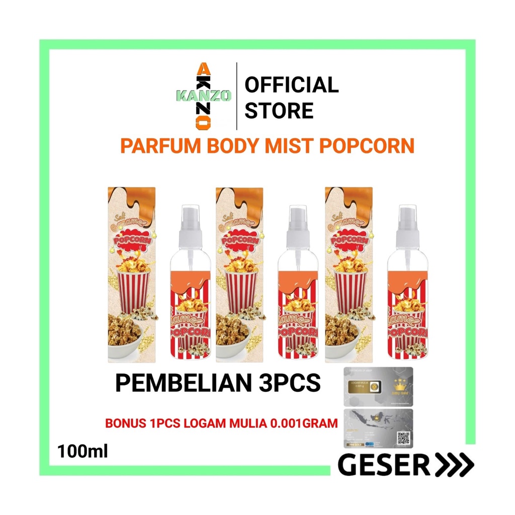 Kanzo - PROMO 3PCS BONUS EMAS Parfum Popcorn 100ml Premium / Parfum Body Mist Popcorn 100ml Best Seller / Parfum Pria Wangi Tahan Lama