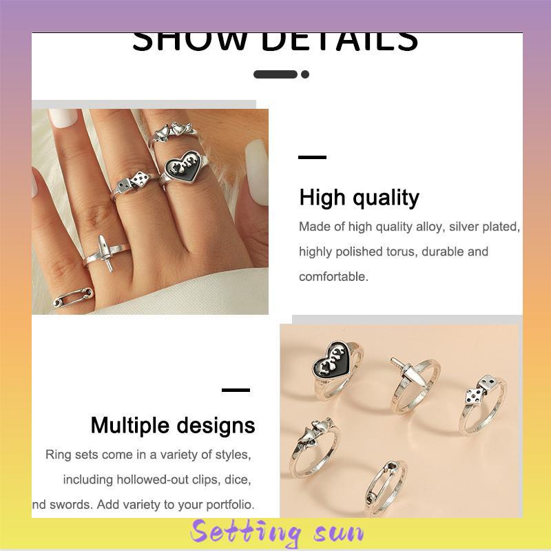 Domingo Ring Alloy peniti dadu love pedang retro silver cincin wanita fashion korea 5 set TN