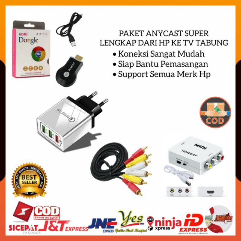 (COD) PAKET ANYCAST DONGLE SUPER LENGKAP DARI HP KE TV TABUNG / ANYCASH DONGEL MIRACAST WIFI SCREEN MIRRORING