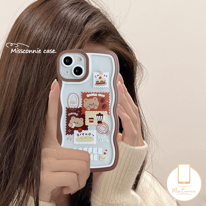 Case Untuk Samsung A14 A04 A03 A04s A04E A52 A12 A32 A23 A03s A13 A52s A31 A50s A50 A30s A51 A21s A11 A02s A22 Lembut TPU Wavy Edge Retro Vintage Kartun Beruang Lucu Coffee Case Cover