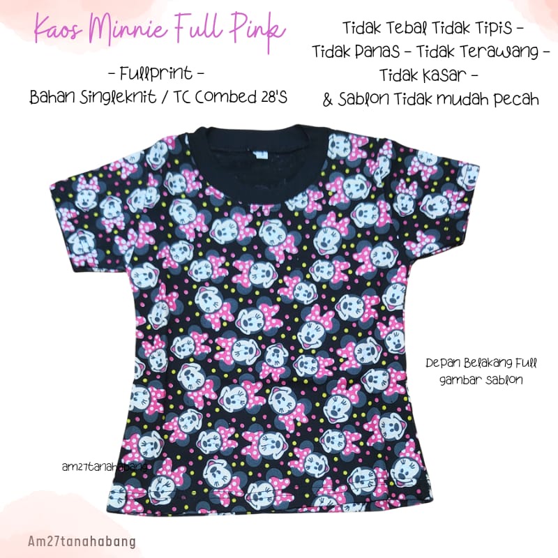 BAJU KAOS ANAK CEWEK Bayi 3 bulan s/d 10 tahun Fullprint Katun - Minnie FullPiNk