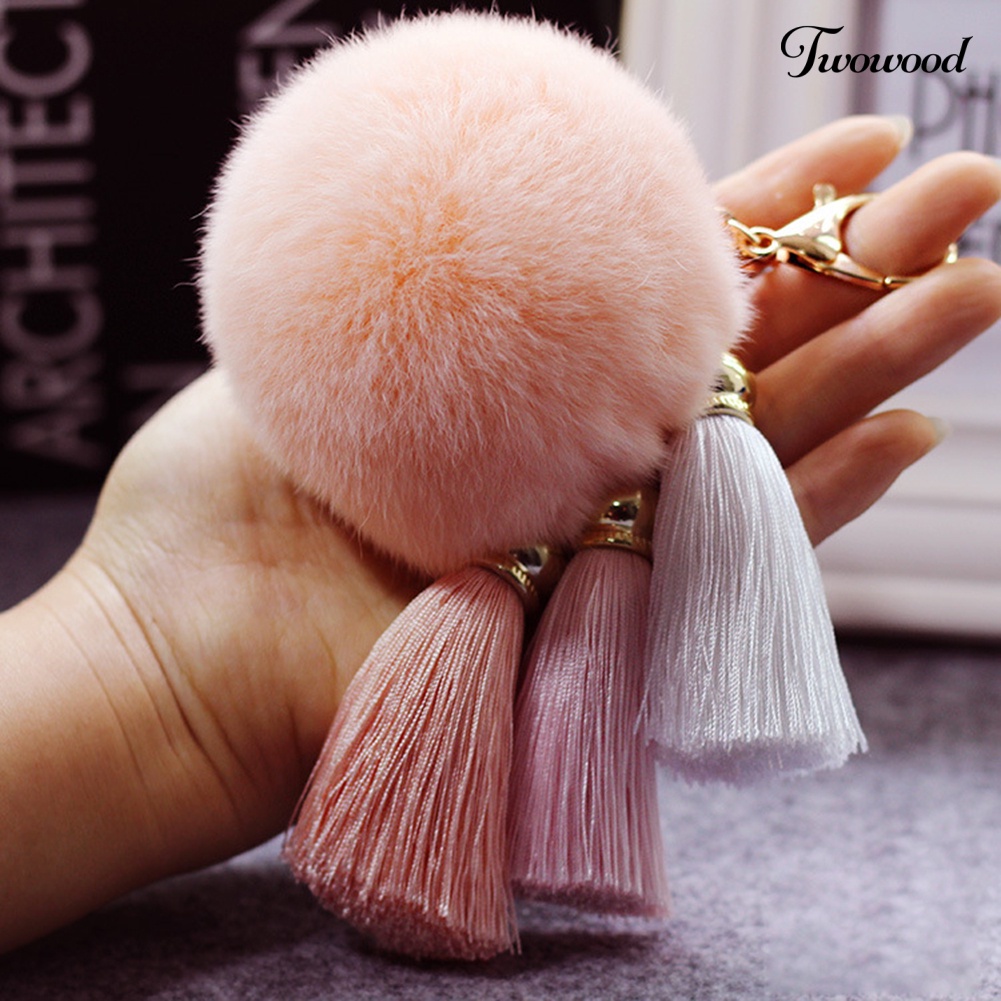 Twowood Soft Pom Pom Faux Fur Keychain Fluffy Ball Bag Gantungan Kunci Mobil Rumbai Liontin Dekorasi