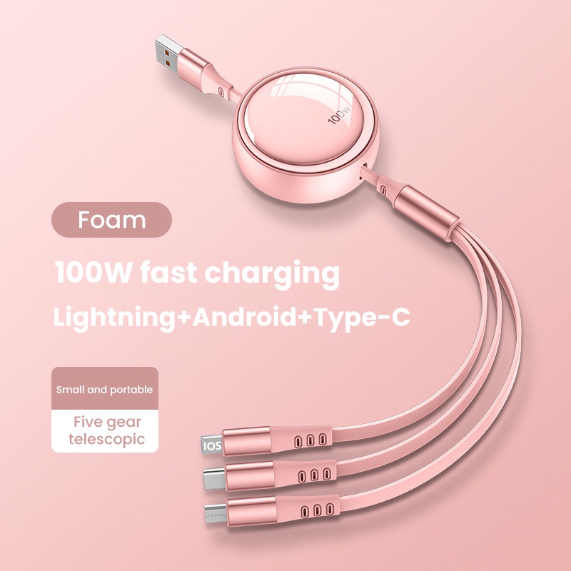 6a 100W Kabel USB Ditarik Portabel 3in1 USB Cable Micro Type C Kabel Pengisian Cepat