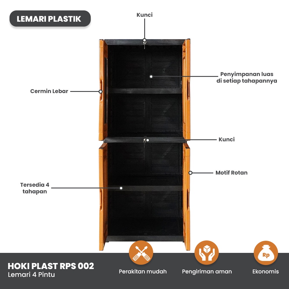 HOKI PLAST Lemari Plastik Baju dan Pakaian 4 Susun + Kaca Cermin