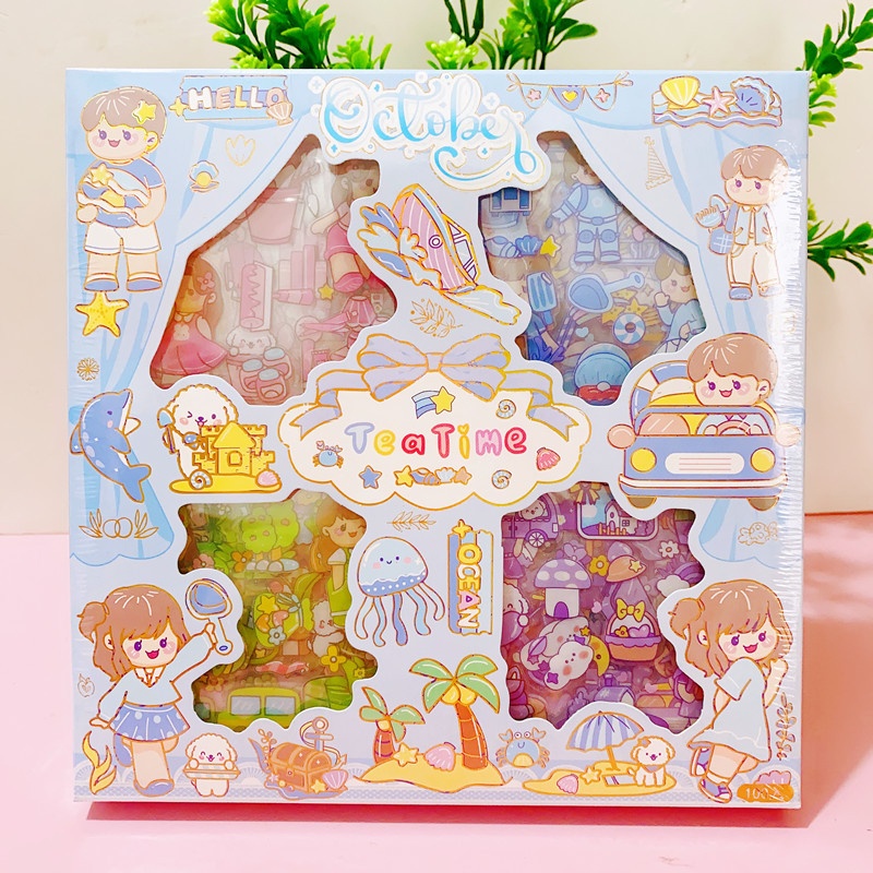 BAJ 100 lembar Stiker Aesthetic Design DIY Sticker Aestethic Motif Kartun Korea Anti Air Botol Hp Laptop Lucu Buku Diary Stiker 2D Dapat Box Motif Waterproof SS201