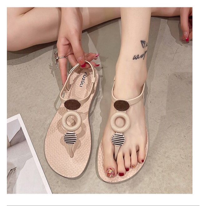 SHOEGALLERY TG1606 Sandal Wanita import Santai Pantai Bohemian Motif Bulat Dan Segitiga