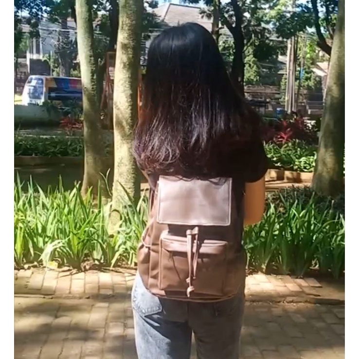 Tas Gendong Wanita Kulit sintetis Coklat Ransel Serut Sekolah Perempuan Besar ransel Backpack