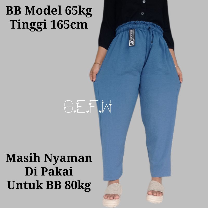 Baggy Pants Wanita Crinkle Airflow Premium Import Ukuran Jumbo Dari Bb 50kg Sampai bb 80kg / Celana Panjang Wanita HW Tali Serut Bahan Kringkel Airflow / Luna Pants Crincle High Waist / Baggy Crinkle Terbaru Size Xxl Xxxl / Digrup / Grefata