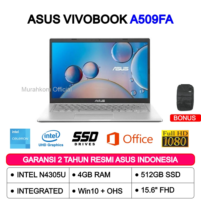 ASUS VIVOBOOK A509FA FHD453 FHD454 - N4305U 4GB 512GB SSD WIN10+OHS 15.6 FHD