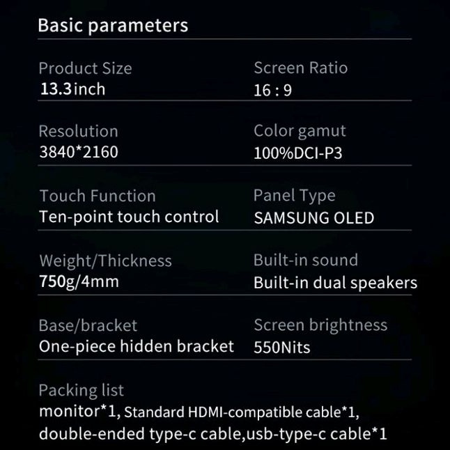MONITOR PORTABLE OLED 13.3 inch 4K Dengan Tipe-C HDMI-Kompatibel untuk Monitor Gaming 13.3 inch Laptop PC Seluler