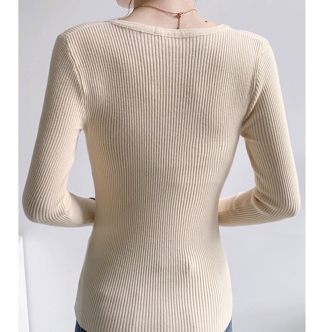 【Elegant】V-Neck Long Sleeve Button Knit T-Shirts  2365