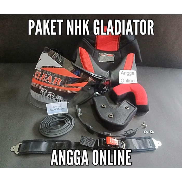 PAKET NHK GLADIATOR, BUSA HELM + KACA HELM + TALI HELM + LIS KARET