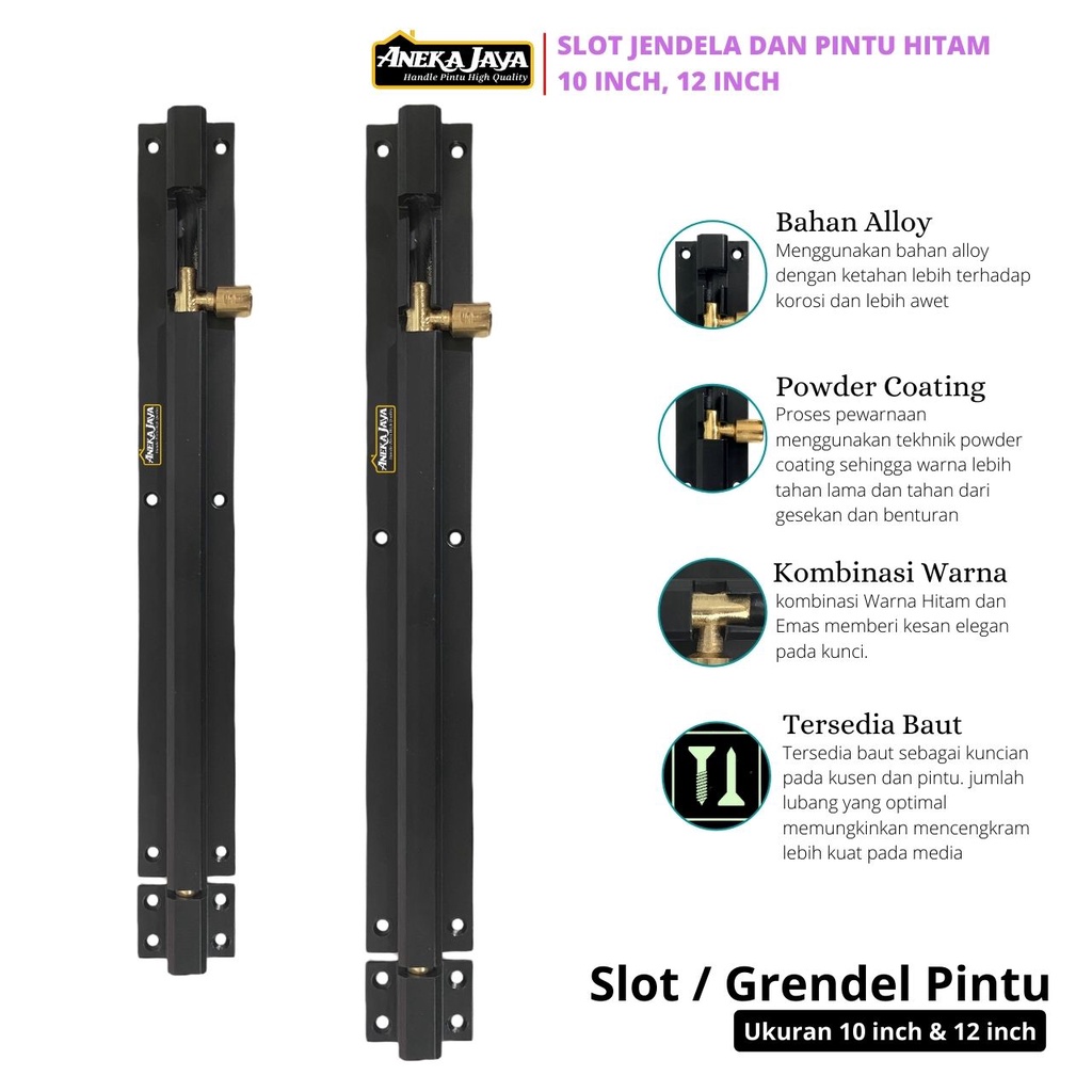 Grendel Slot Pintu Panjang 10 12 inch Hitam Pengunci Kunci Tambahan Daun 2 atau 1 Bahan allumunium tebal