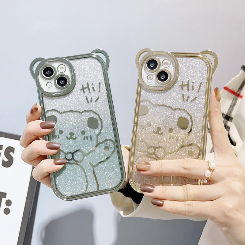 IPHONE Beruang Lucu Perak Ungu Kedip Desain Gelombang Besar Electroplating Lembut Silikon Bunny Case hp Untuk Iphone14Plus Casing Iphone 11 12 13 14 Pro Max Wanita Gadis Hadiah Bumper Cover