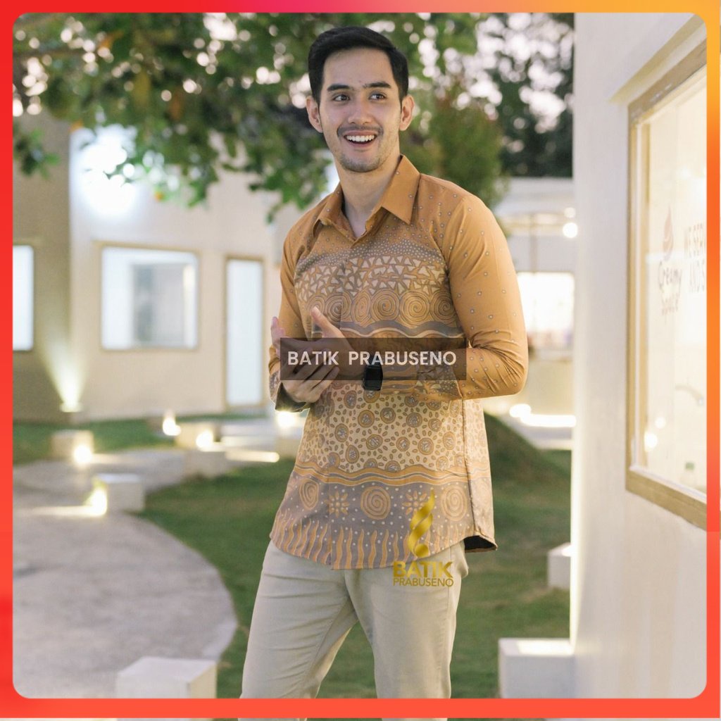 Batik Prabuseno - NOVA KUNING Kemeja Batik Pria Lengan Panjang Slim Fit