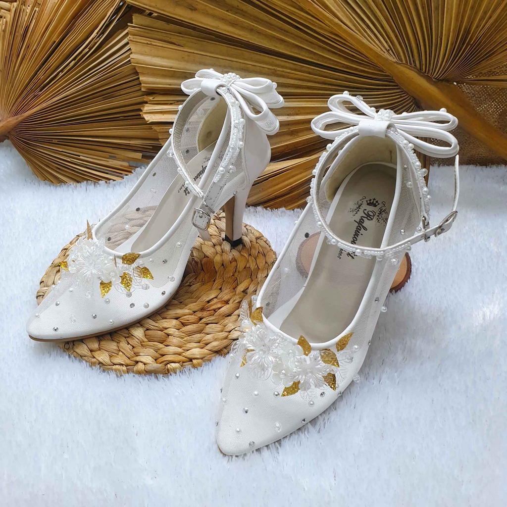 Sepatu wedding cantik Ayyara putih tali pita cantik hak 9 cm