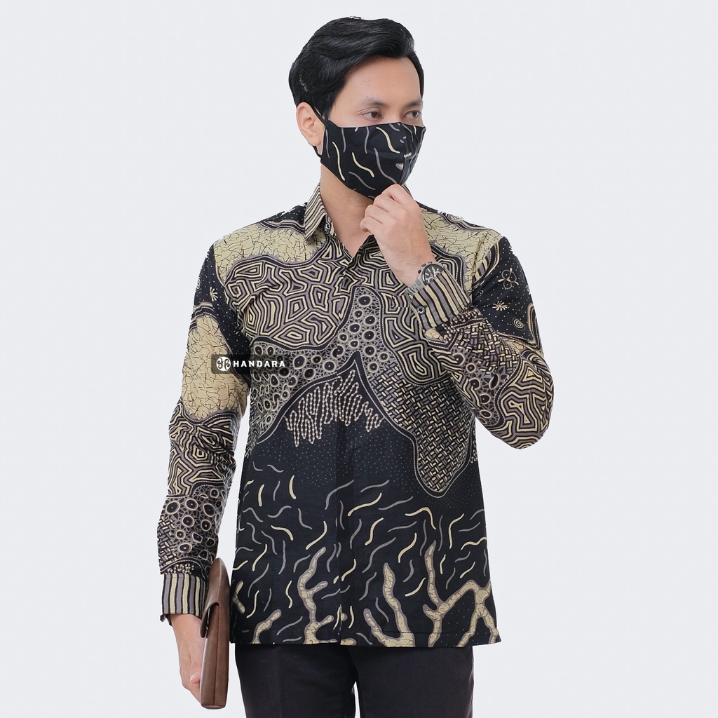 Baju Kemeja Batik Pria Lengan Panjang Slim Fit Premium Modern Full Furing Katun Halus Original Handara Motif Horizon Hitam Kuning HB-296