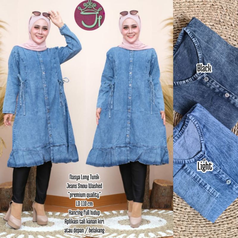 Tunik Jeans Denim Wanita Rempel Bawah Motif Polos #0501