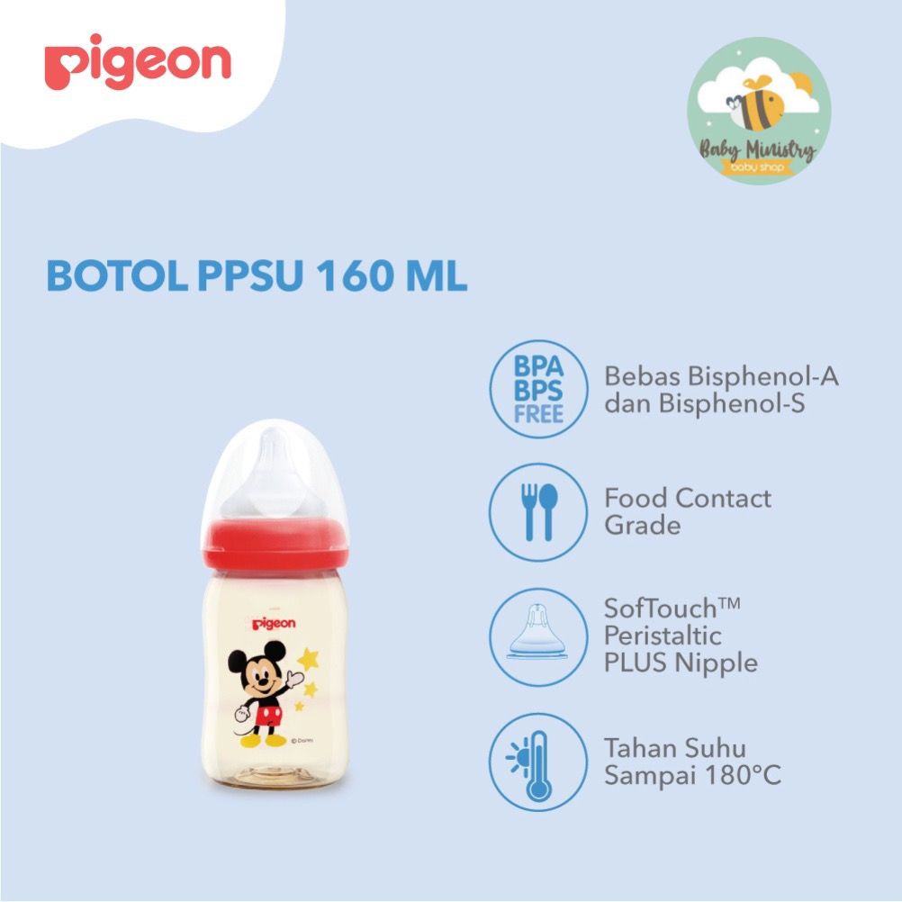 PIGEON BOTOL SUSU PPSU SOFTOUCH PERISTALTIC PLUS (160 ML) - MICKEY MOUSE / DISNEY / MERAH / PPSU / WIDE NECK