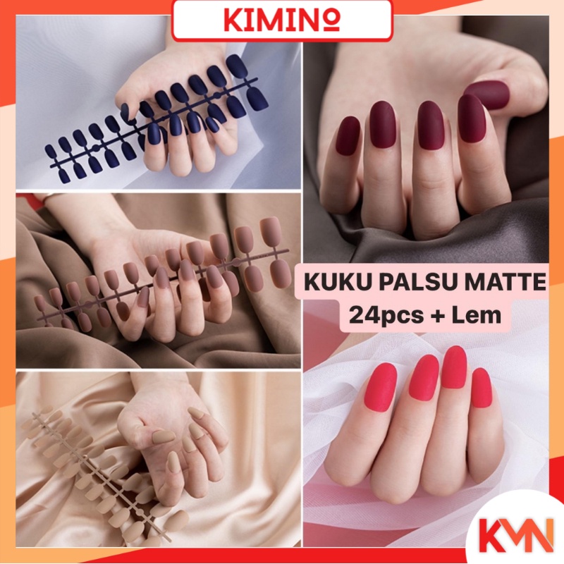 KMN 24pcs Kuku Palsu Matte Kuku Palsu Panjang Murah Free Lem Cair Fake Nail Art Manicure