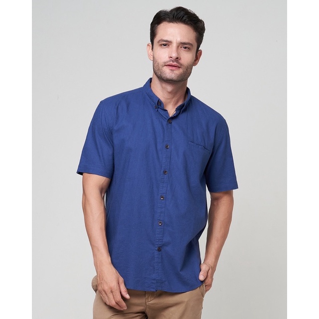 Peternation kemeja linen plus kerah basic pendek royal blue regular fit