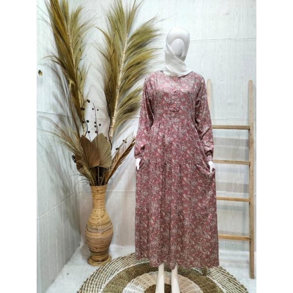 Gamis Kancing Depan Motif Bunga Rayon Premium (0011)