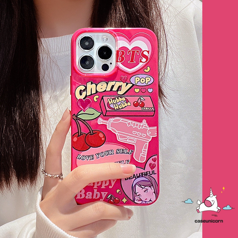 IPHONE Case Kompatibel Untuk Iphone14 11 13 12 Pro Max XR 78 Plus X XS Max SE 2020 Permen Glossy Shockproof Protection Camera Ros Red Kartun Label Cherry Lembut Tpu Silicon Back Cover