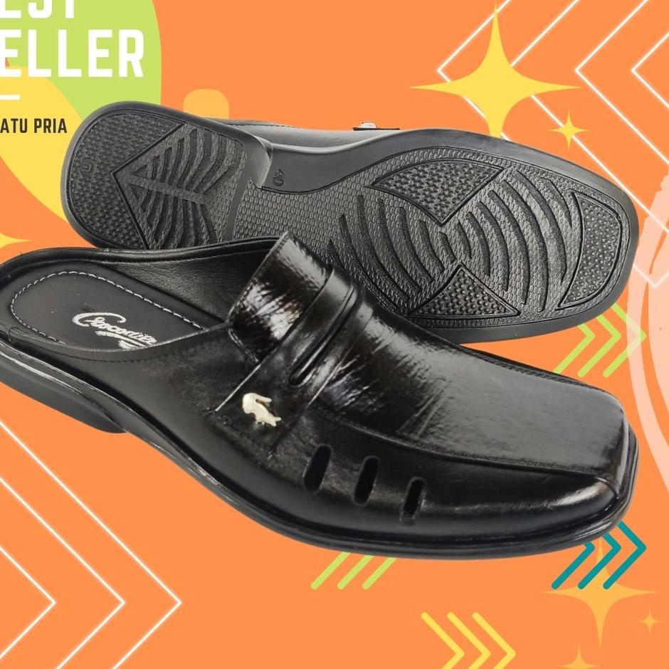 {BSB.21De22ᵁ} Sandal sepatu pria kulit asli warna hitam selop slop cowok crocodile leather shoes
