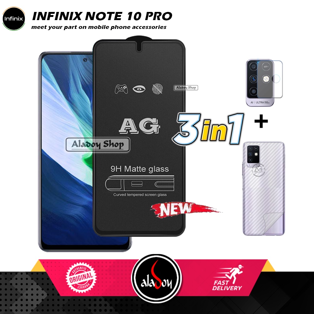 Paket 3IN1 Tempered Glass Layar Matte Anti Glare Infinix Note 10 Free Tempered Glass Camera dan Skin Carbon