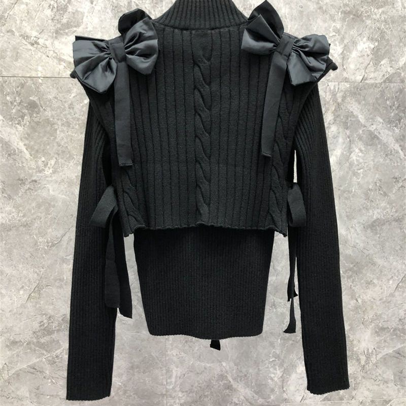 Suhao one-piece suit canggih dasi kupu-kupu rompi wol sweater dua potong set wanita musim gugur dan musim dingin sweater longgar pasang