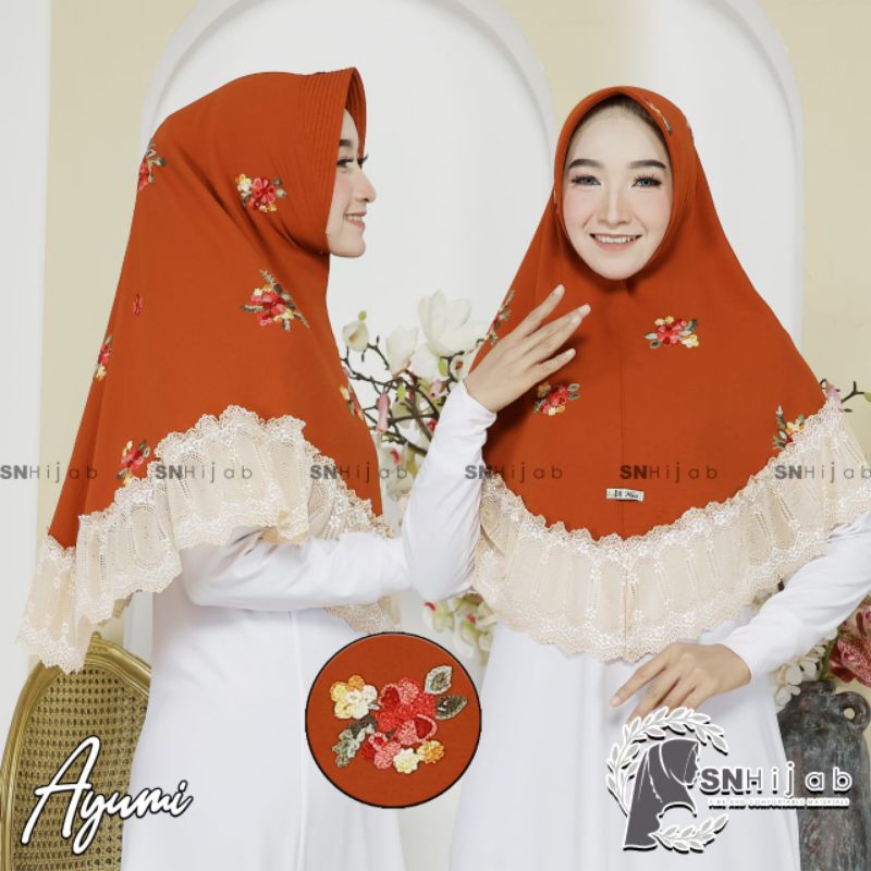 Ayumi SN hijab bergo crinkle bordir renda premium import