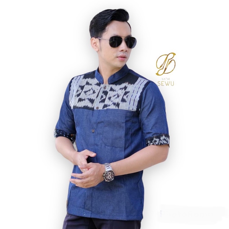 Kemeja Jeans Mix Tenun Pria Lengan Pendek Batik Cowok Kantoran Slimfit Jumbo Batik Tenun Troso XXL B