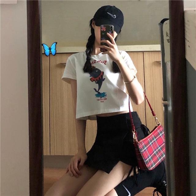 Suhao Setelan Jas Dua Potong Wanita Musim Panas Siswa Baru Gaya Korea Chic T-shirt Pendek Top + Anti-Light Strapping celana Pendek Hakama