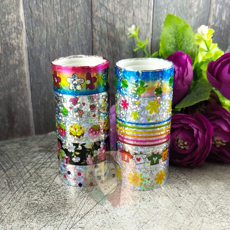 10 12 Gulung Washi Tape Set Selotip Selotape Isolasi Solasi Grosir DIY Craft Journal Book Dekorasi Decorative Metalic Glitter Fancy