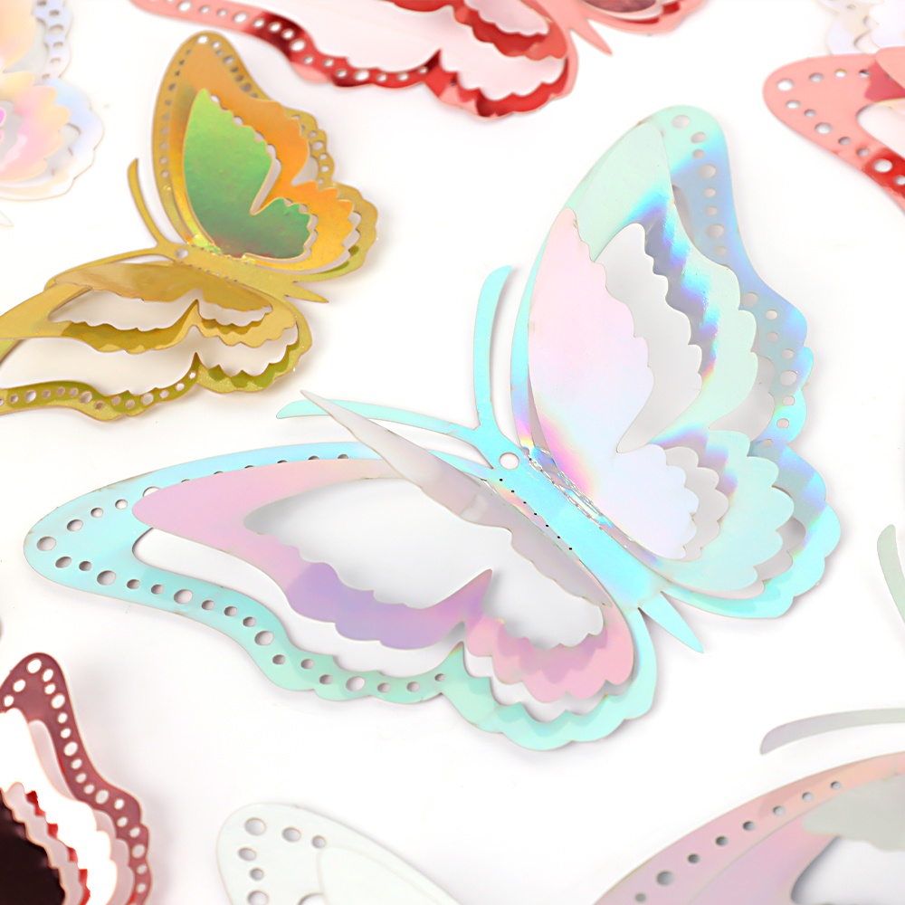 12pcs 3-Layer Hollow Butterfly Stiker Glittering Art DIY Decals Halus Dekorasi Kertas Kupu-Kupu 3D Gradien Kupu-Kupu Wallpaper Untuk Jendela Kamar Kulkas Pesta