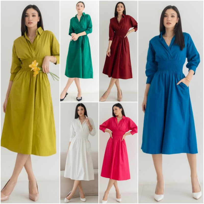 ♡ PREMIUM ♡ ORIGINAL ! AYUNDA  PLAIN TUNIK COLLAR SMOCKED WAIST RUBBER MIDI DRESS