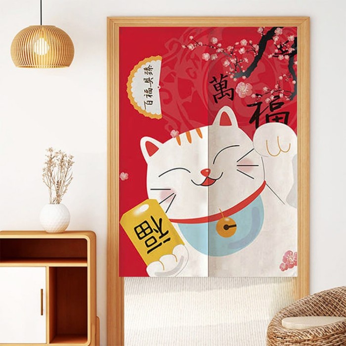 NOREN TIRAI JEPANG TIRAI PINTU DEKORATIF MOTIF KUCING KEBERUNTUNGAN