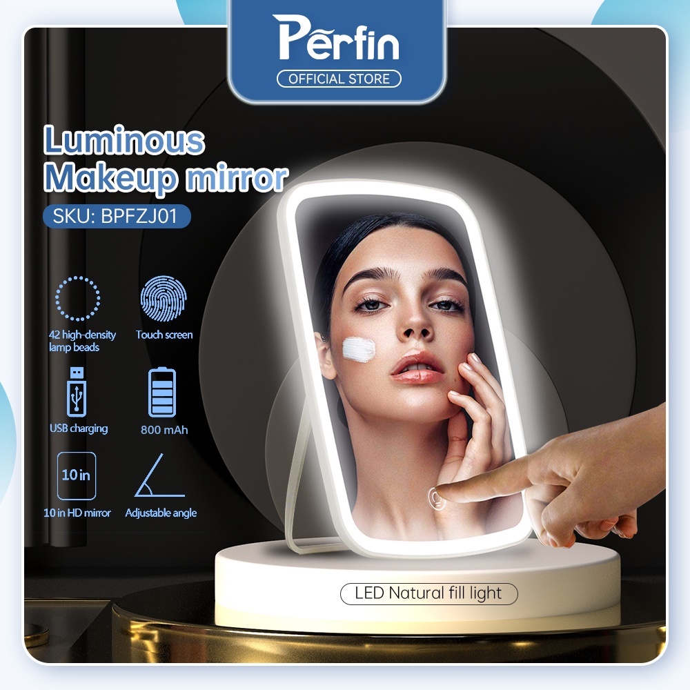 	 Perfin PF67 Cermin Lampu LED/Cermin Make up Meja dengan Lampu LED Tombol Touch Screen Charge USB	
