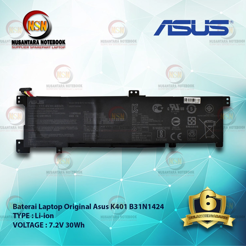 Baterai Original Laptop Asus K401 B31N1424 7.2V 30Wh