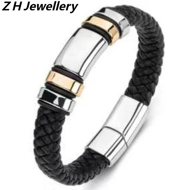 [Z H Jewelry] Hip Hop Rock Retro Pria Fashion Gelang Kulit Stainless Steel Perhiasan Aksesoris