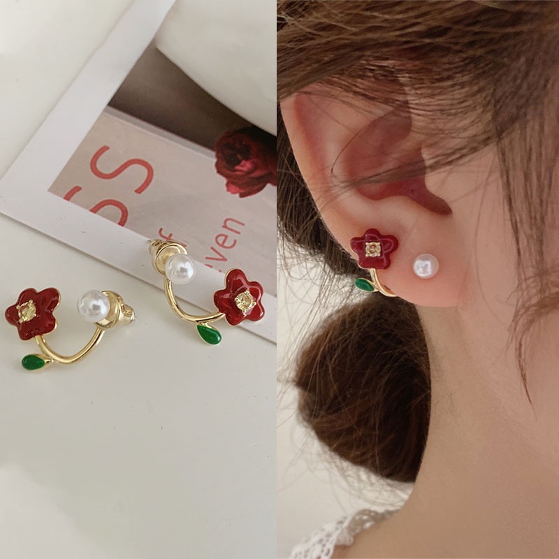 Desain Niche Geometris Korea Desain Ceruk Bunga Mutiara Merah Anting Gaya Baru