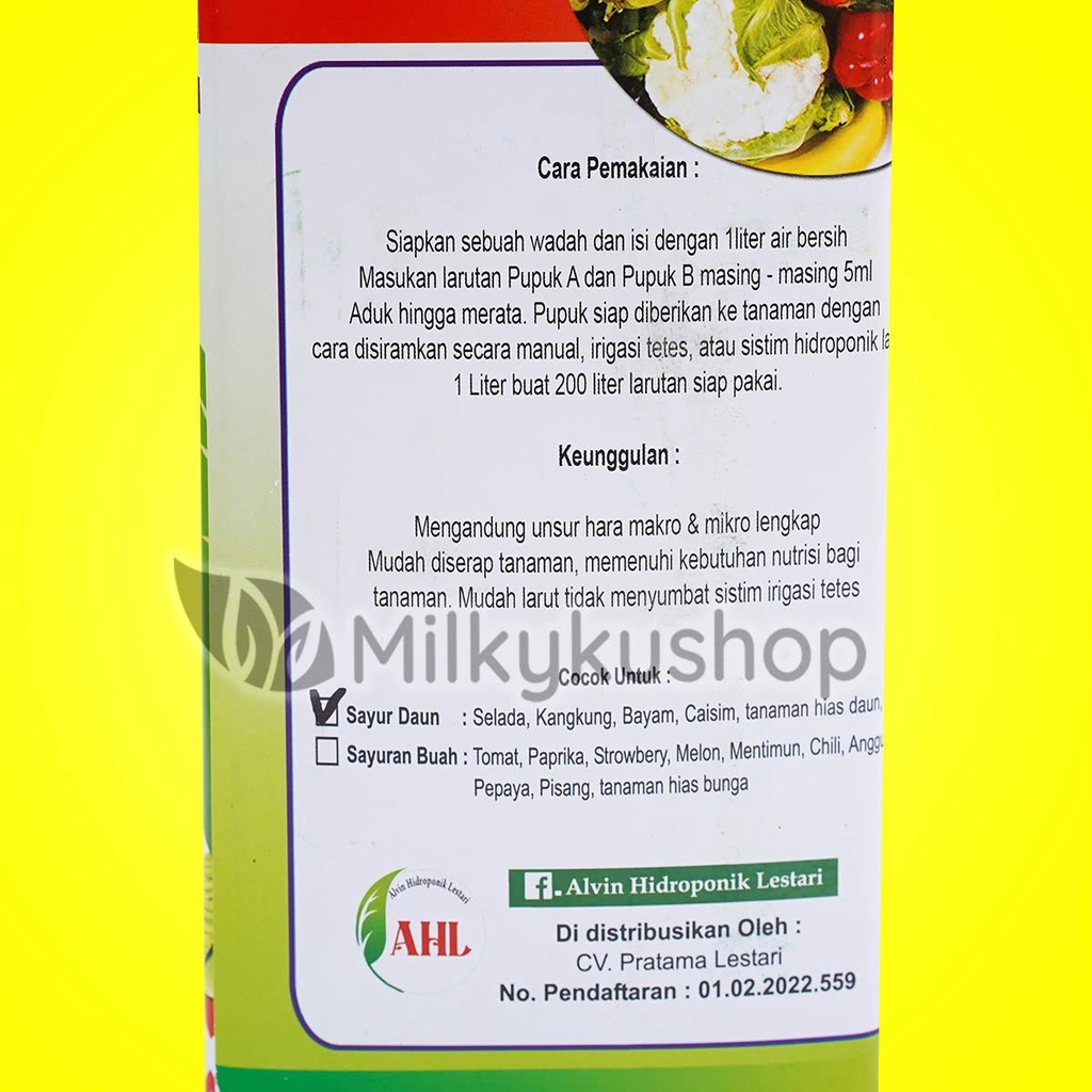 PUPUK NUTRISI CAIR AHL AB MIX SAYUR DAUN 1 LITER KP HIDROPONIK