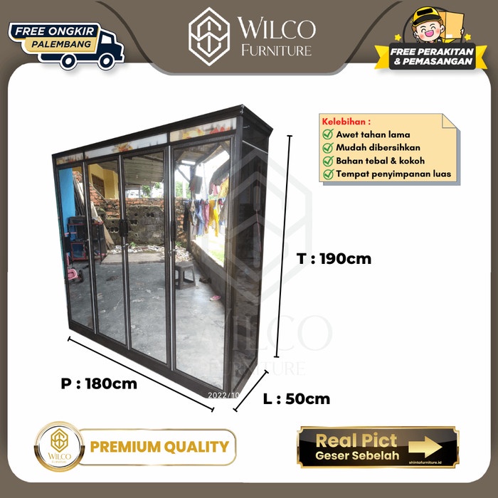 Lemari Aluminium 4 Pintu Full Cermin + Kaca Riben Samping 2 Gantungan