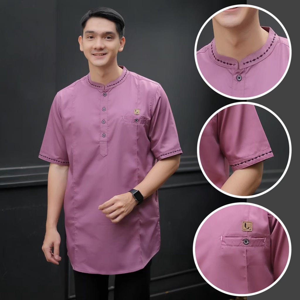 Baju Koko Kurta Dewasa embordir lengan pendek warna ungu lavender