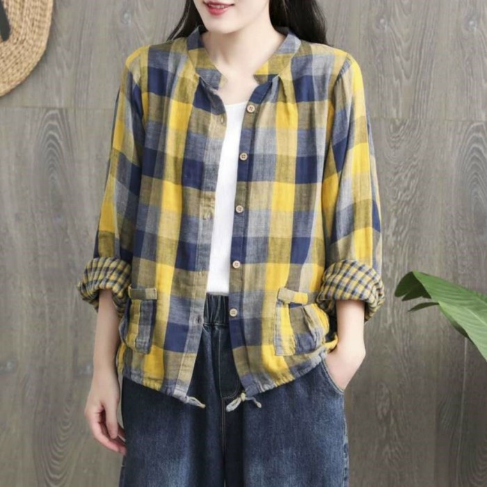 Terbaru Darlan Double Cloth Top Kemeja Linen Kotak Oversized Korea Import Pm