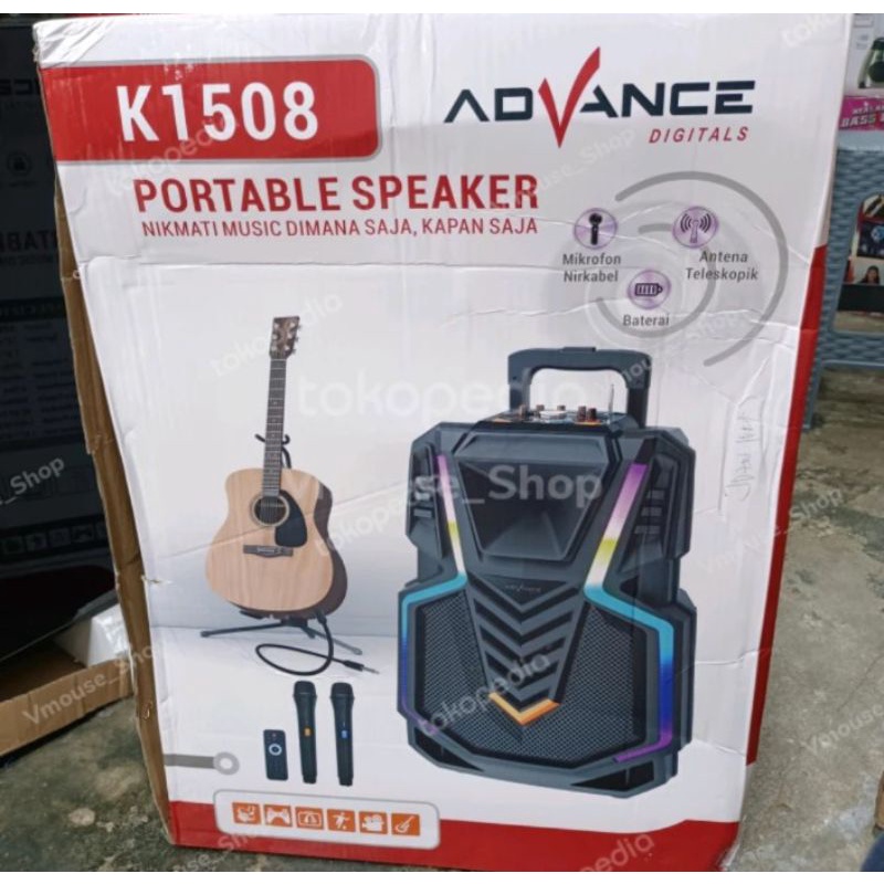 SPEAKER ADVANCE 1508 FREE 2 MIC WIRELESS - SPEAKER BLUETOOTH 15" - SPEAKER TROLI ADVANCE 15INCH - AD